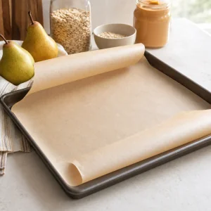 Papel vegetal cubriendo una bandeja para galletas de pera y avena