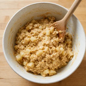 Pera, avena y mantequilla de cacahuete mezcladas en masa de galleta