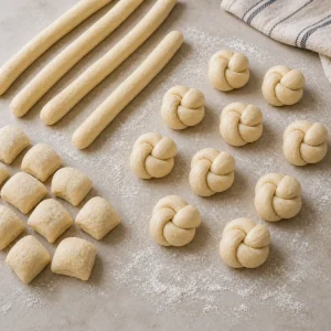 Dough pieces rolled into ropes and tied into raw garlic knots.
