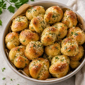Finished soft buttery garlic knots with fresh parsley and grated Parmesan.