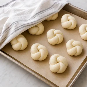 Raw garlic knots rising on a parchment-lined baking sheet under a towel.