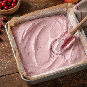 Miscela rosa pallido di zefir livellata in uno stampo con carta forno