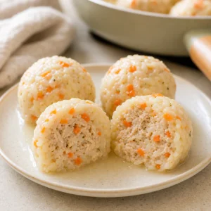 A cut chicken and rice ball showing a soft fully cooked center