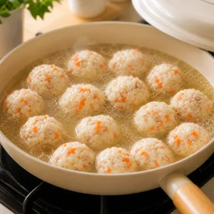 Chicken and rice balls poaching in a single layer of simmering broth