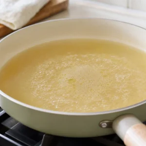 Chicken broth gently simmering with butter in a shallow skillet