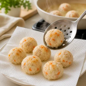 Cooked chicken and rice balls draining on a paper towel with a slotted spoon