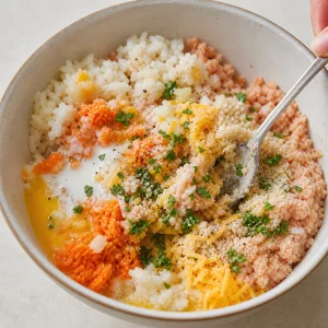 Rice, ground chicken, carrot, egg, breadcrumbs and herbs in a bowl
