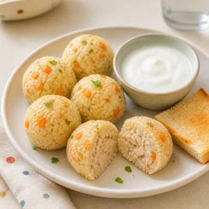 Warm chicken and rice balls served with a small bowl of plain yogurt