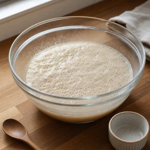 Foamy yeast mixture blooming in a glass bowl