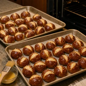 Golden salted pretzel bites on baking sheets