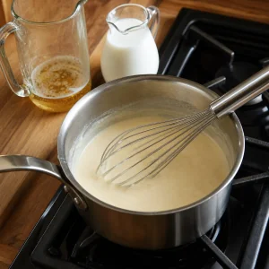 Lager and milk sauce base whisked in a saucepan