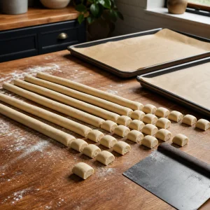Pretzel dough ropes cut into small bites