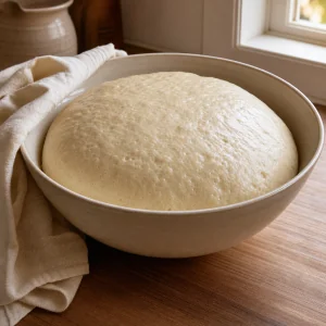 Risen pretzel dough doubled in a bowl