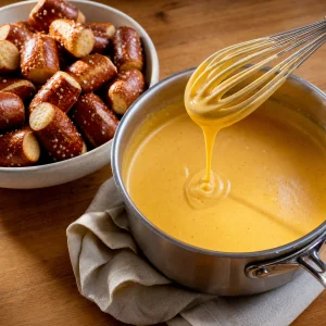 Smooth beer cheese beside a bowl of hot pretzel bites