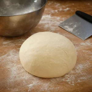 Smooth kneaded pretzel dough on a floured worktop