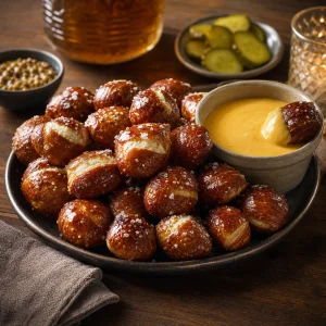 Soft pretzel bites served with warm beer cheese