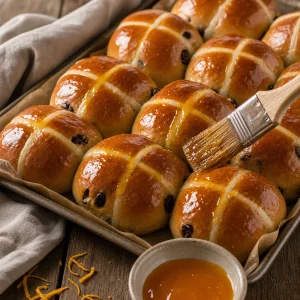 Glacê brilhante de laranja pincelado em pãezinhos quentes