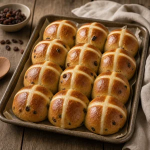 Pãezinhos hot cross dourados num tabuleiro com papel vegetal