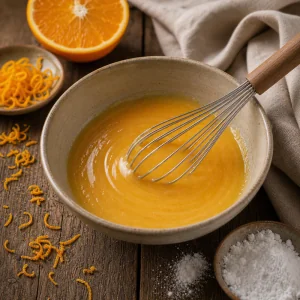 Glacê de laranja liso batido numa tigela de cerâmica