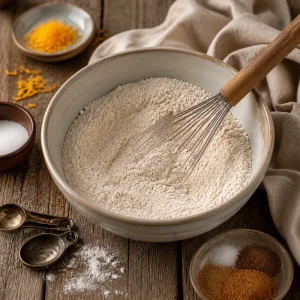 Mistura de farinha com especiarias batida numa tigela grande