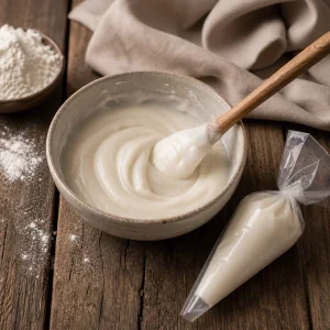 Pasta branca espessa para cruzes numa tigela com saco de pasteleiro