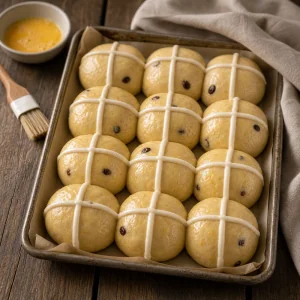 Pãezinhos crus com cruzes brancas e mistura de ovo ao lado