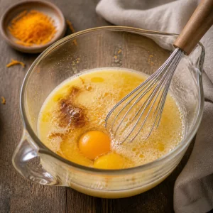 Mistura de leite morno com ovo, manteiga, baunilha e raspa de laranja