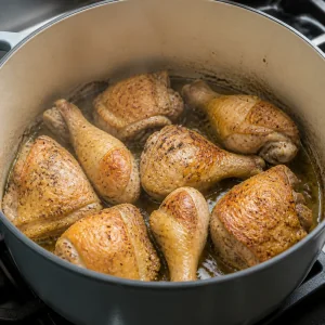 Bone-in chicken browning in oil in a heavy pot