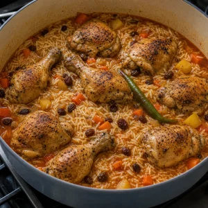 Chicken nestled on top of rice, raisins, vegetables, and spiced broth