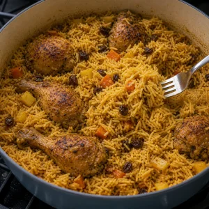 Cooked golden rice being fluffed with chicken, raisins, and vegetables in the pot