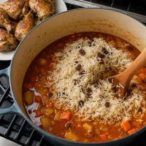 Drained rice and raisins stirred into the spiced broth and vegetables