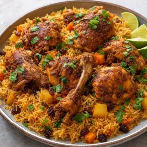 Finished Somali bariis iskukaris with spiced chicken, raisins, cilantro, and lime