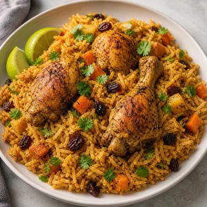 Served bariis iskukaris with chicken, cilantro, raisins, carrots, and lime