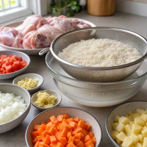 Soaked basmati rice draining beside prepared chicken and vegetables