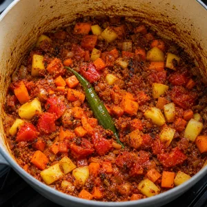 Tomatoes, carrots, potato, and green chile cooking in the spiced base