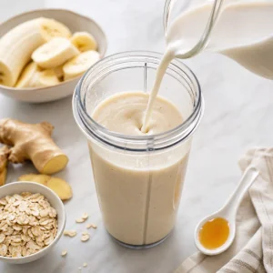Almond milk poured into a creamy banana smoothie