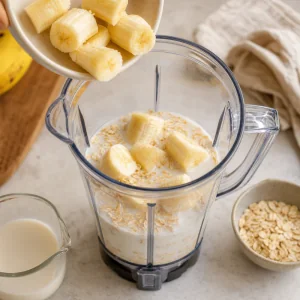 Banana chunks, almond milk, and oats in a blender jar
