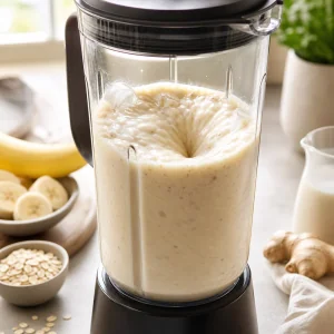 Creamy banana almond smoothie blending in a clear blender jar