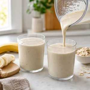 Finished banana almond smoothie poured into two clear glasses