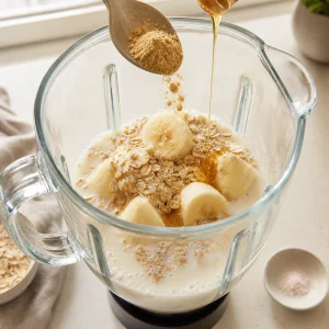 Ginger and honey added to banana almond smoothie ingredients