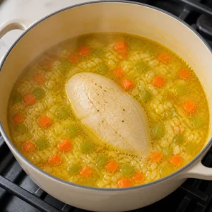 Chicken breast simmering in golden rice broth
