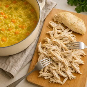 Cooked chicken shredded with two forks