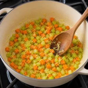 Diced carrot and celery softening in a pot
