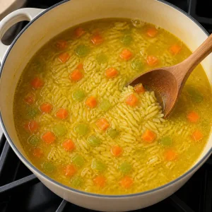 Rice and vegetables simmering in golden broth