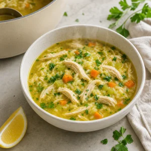 Warm ginger chicken rice soup with parsley