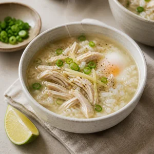 Finished ginger chicken rice soup served warm in a small bowl with a citrus wedge