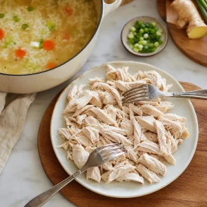 Poached chicken shredded into bite-size pieces with two forks