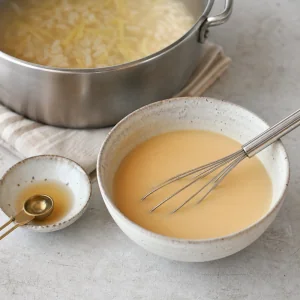 White miso whisked smooth with warm broth before adding it to the soup