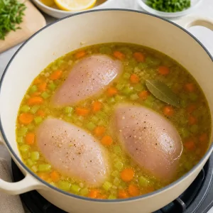Chicken breasts nestled in broth with vegetables