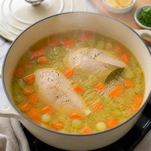 Chicken soup gently simmering with bay leaf